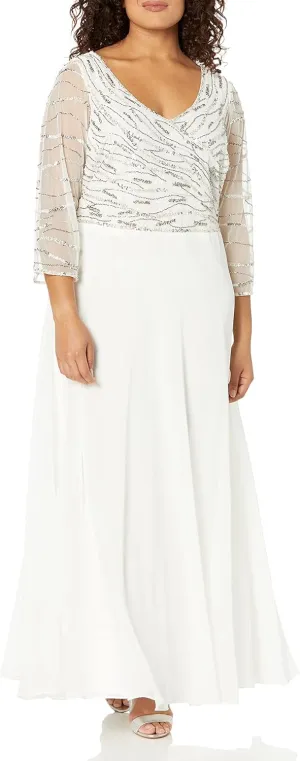 J Kara Women's 3/4 Sleeve Beaded Gown