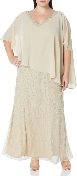 J Kara Women's Beaded Bottom with Sheer Elegant Top Dress