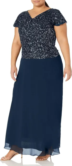 J Kara Women's Petite Long Beaded Cowl Neck Flutter Sleeve Gown Dress