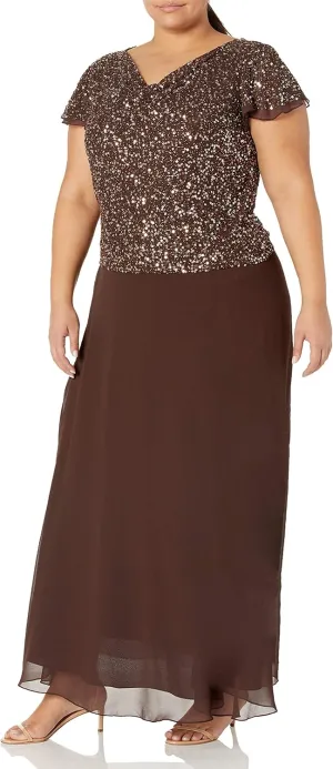 J Kara Women's Petite Long Beaded Cowl Neck Flutter Sleeve Gown Dress