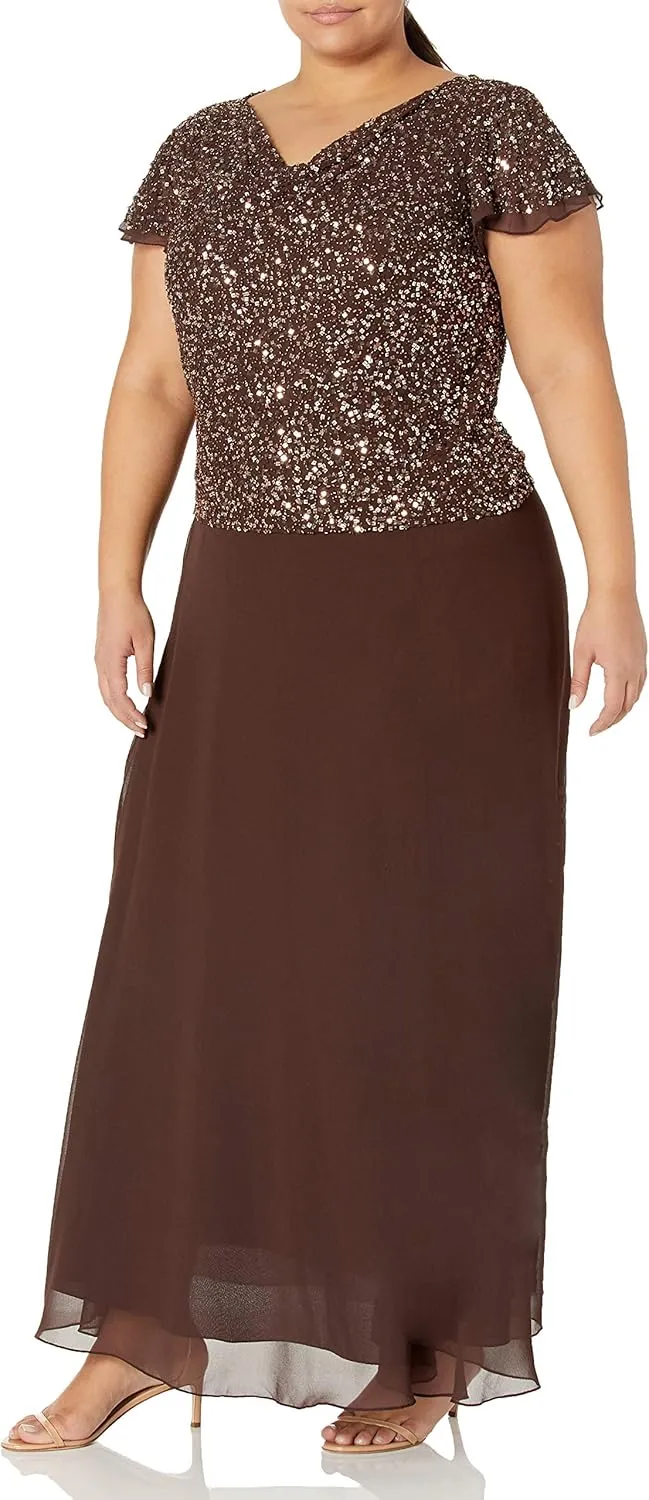 J Kara Women's Petite Long Beaded Cowl Neck Flutter Sleeve Gown Dress