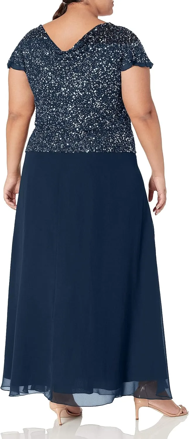J Kara Women's Petite Long Beaded Cowl Neck Flutter Sleeve Gown Dress