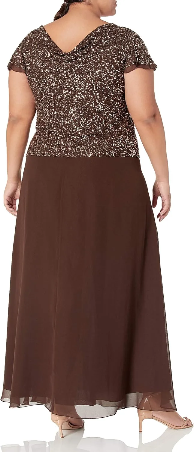 J Kara Women's Petite Long Beaded Cowl Neck Flutter Sleeve Gown Dress