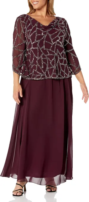 J Kara Women's Petite Three Quarter Sleeve Beaded Dress