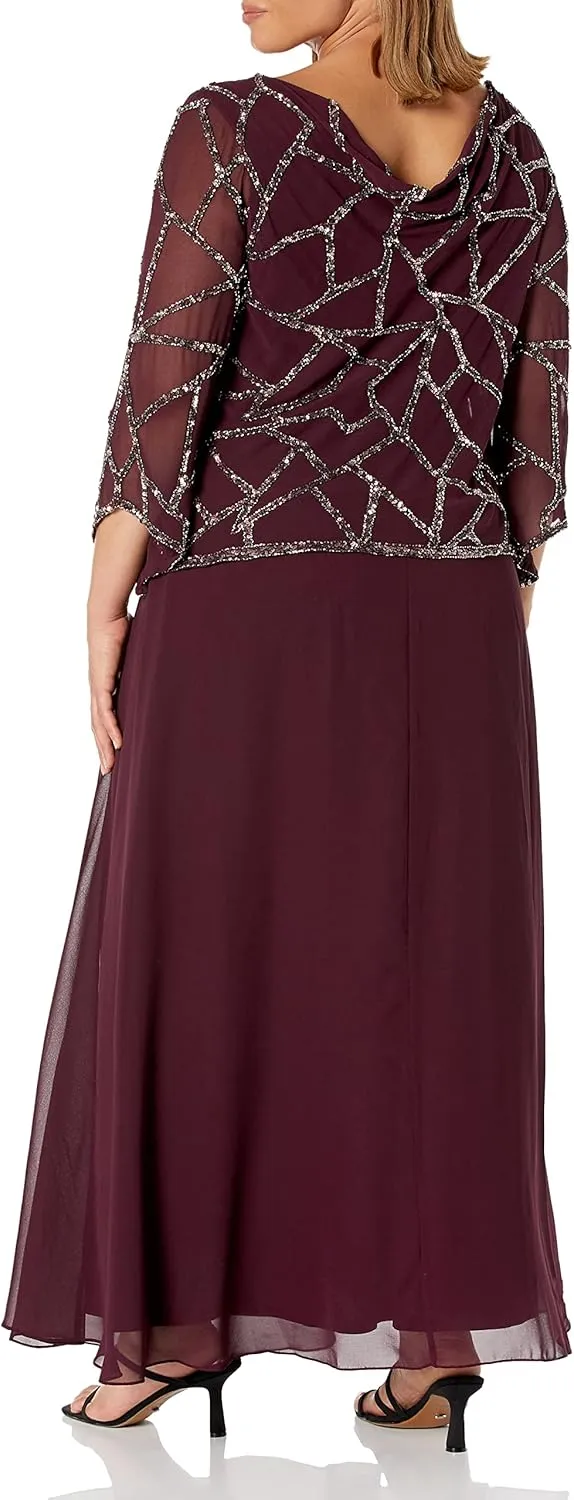 J Kara Women's Petite Three Quarter Sleeve Beaded Dress