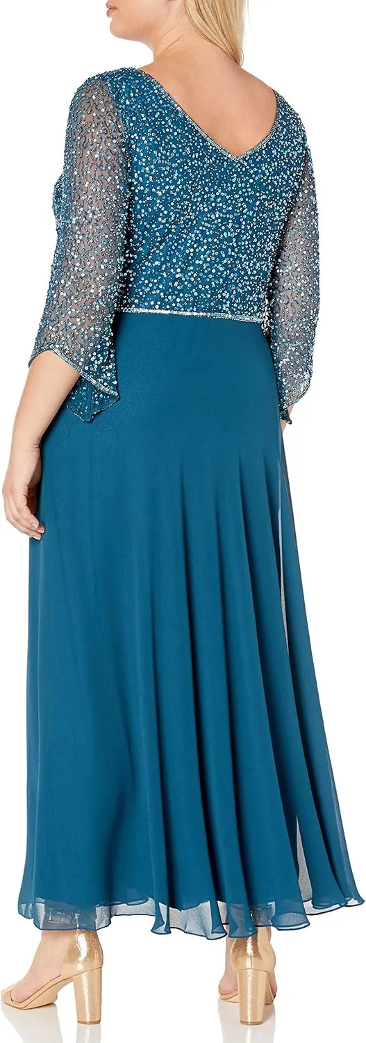 J Kara Women's Plus Size 3/4 Sleeve V-Neck Beaded Top Long Gown