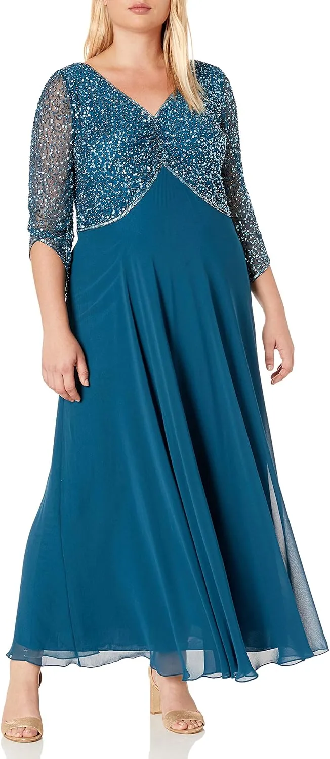 J Kara Women's Plus Size 3/4 Sleeve V-Neck Beaded Top Long Gown