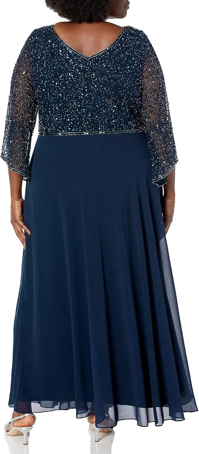 J Kara Women's Plus Size 3/4 Sleeve V-Neck Beaded Top Long Gown