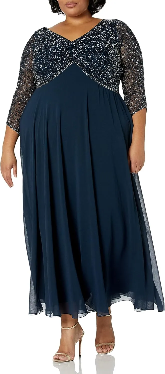 J Kara Women's Plus Size 3/4 Sleeve V-Neck Beaded Top Long Gown