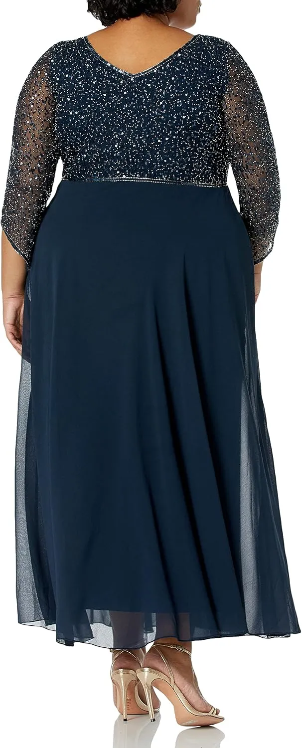 J Kara Women's Plus Size 3/4 Sleeve V-Neck Beaded Top Long Gown