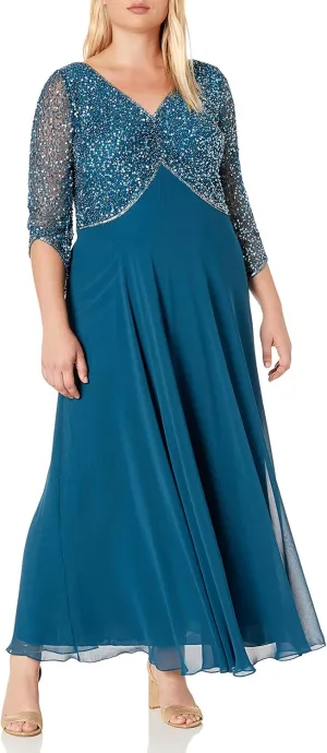 J Kara Women's Plus Size 3/4 Sleeve V-Neck Beaded Top Long Gown