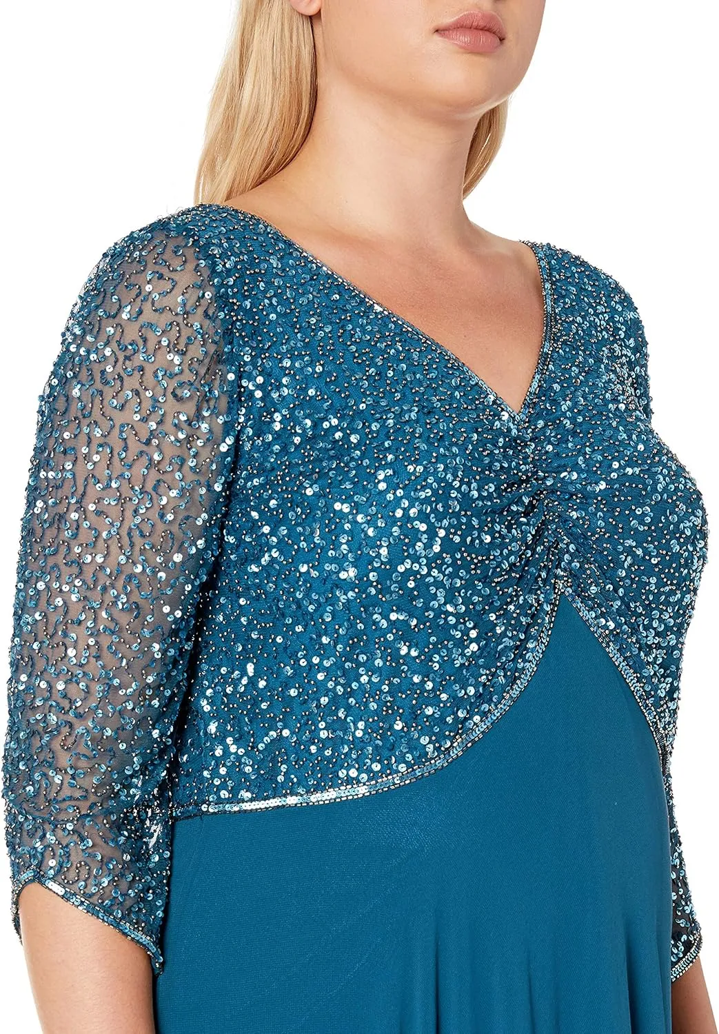 J Kara Women's Plus Size 3/4 Sleeve V-Neck Beaded Top Long Gown