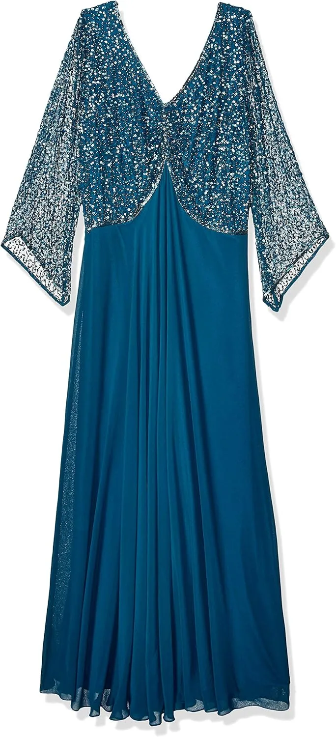 J Kara Women's Plus Size 3/4 Sleeve V-Neck Beaded Top Long Gown