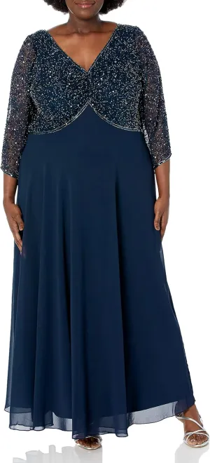 J Kara Women's Plus Size 3/4 Sleeve V-Neck Beaded Top Long Gown