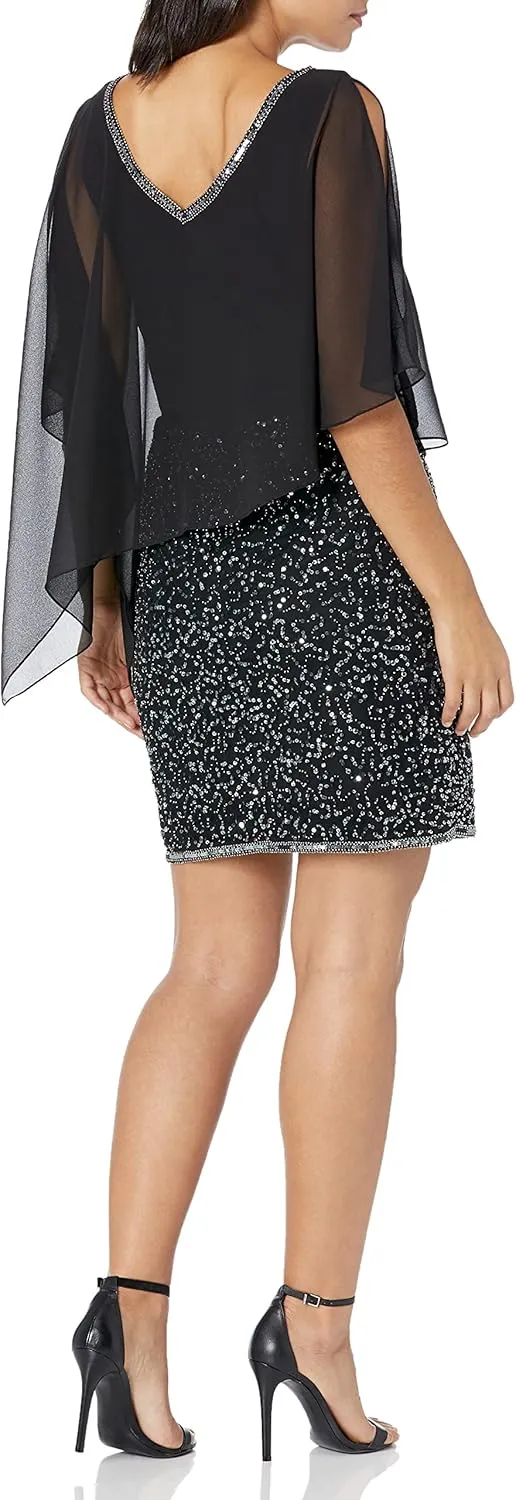 J Kara Women's Short Beaded Cocktail Dress with Cold Shoulder Caplet Sleeves