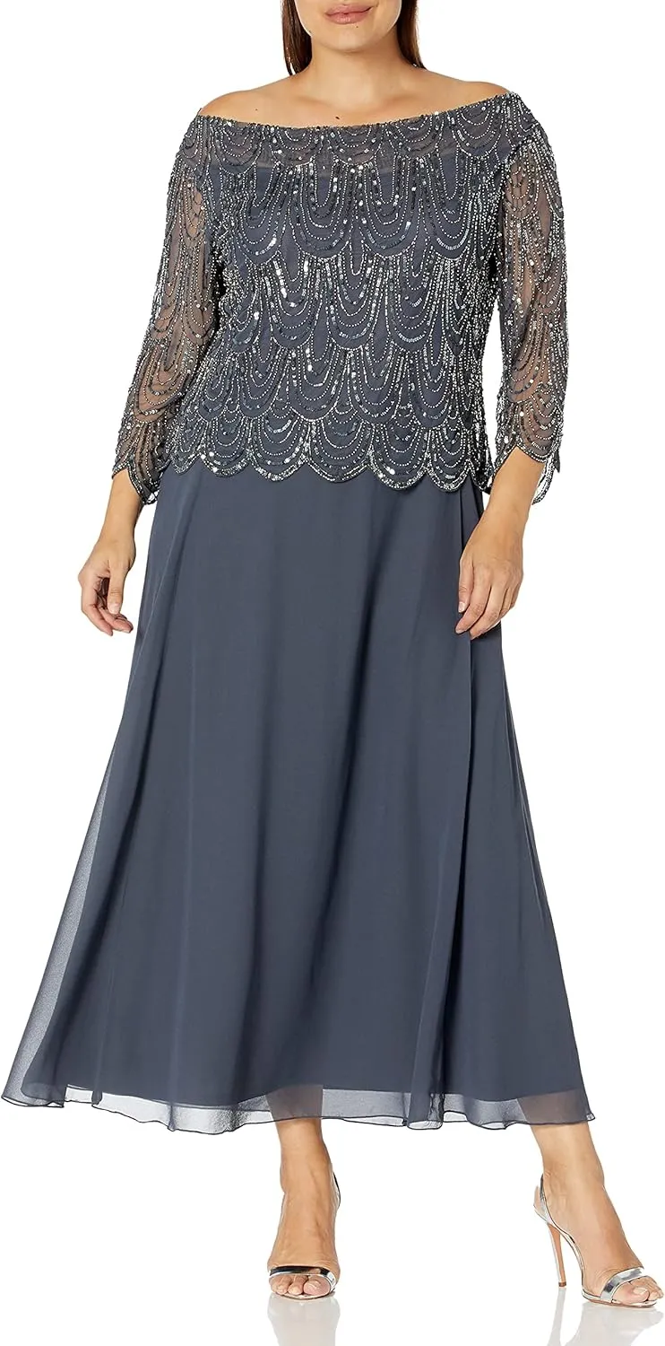 J Kara Women's Size 3/4 Scallop Beaded Pop Over Gown Plus