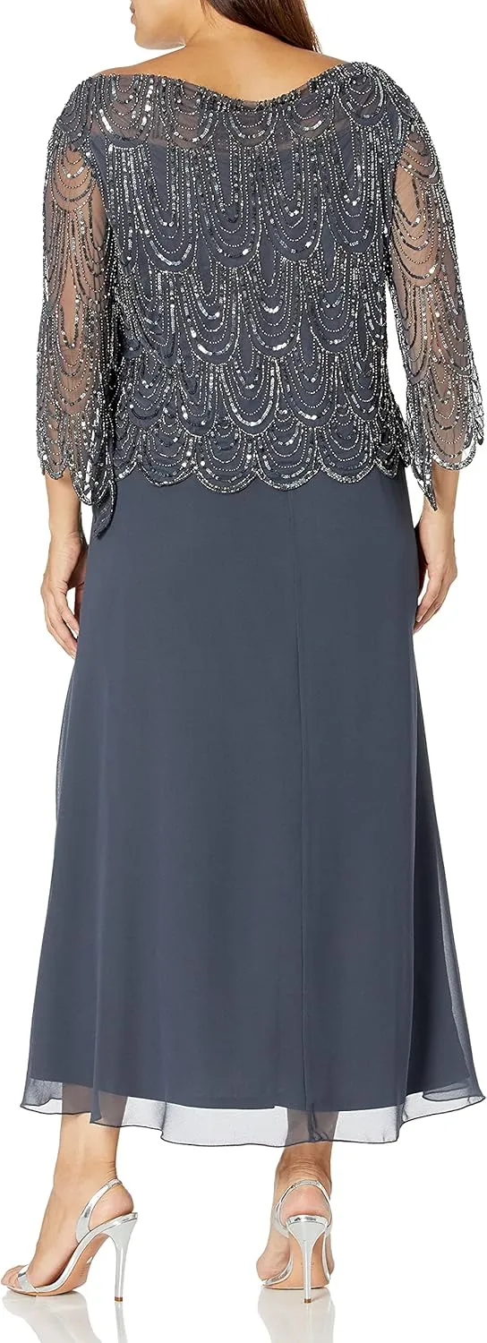 J Kara Women's Size 3/4 Scallop Beaded Pop Over Gown Plus