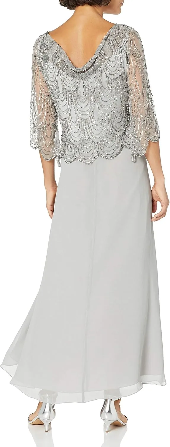 J Kara Women's Size 3/4 Scallop Beaded Pop Over Gown Plus