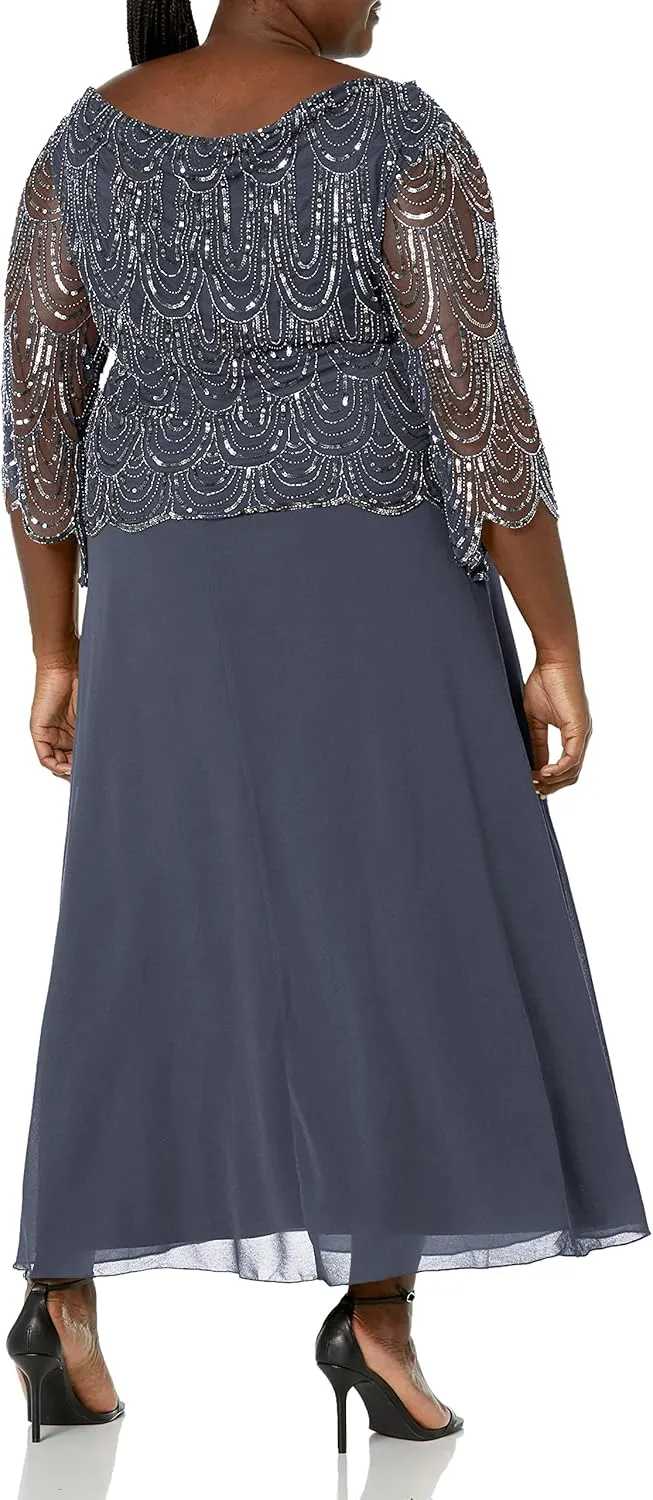 J Kara Women's Size 3/4 Scallop Beaded Pop Over Gown Plus