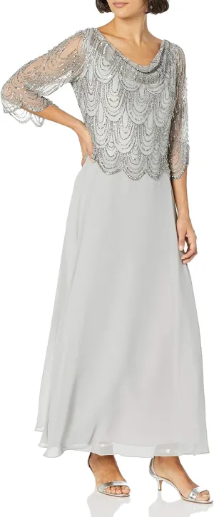 J Kara Women's Size 3/4 Scallop Beaded Pop Over Gown Plus