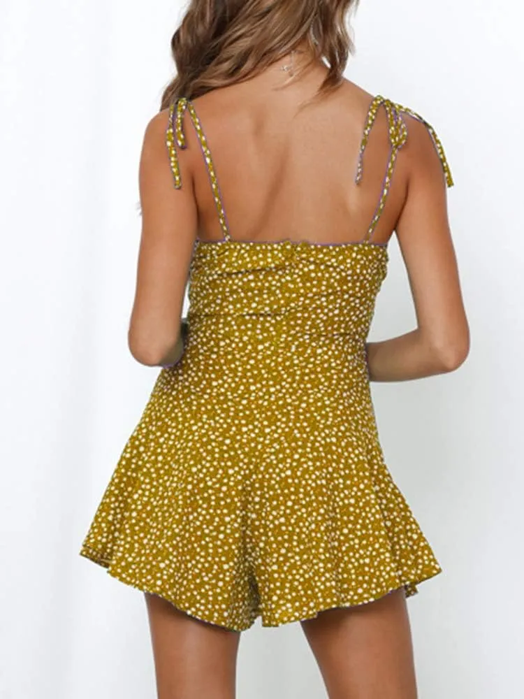 Jeanewpole1 Women's Boho Floral Wide Leg Short Romper Spaghetti Strap Smocked Jumpsuit