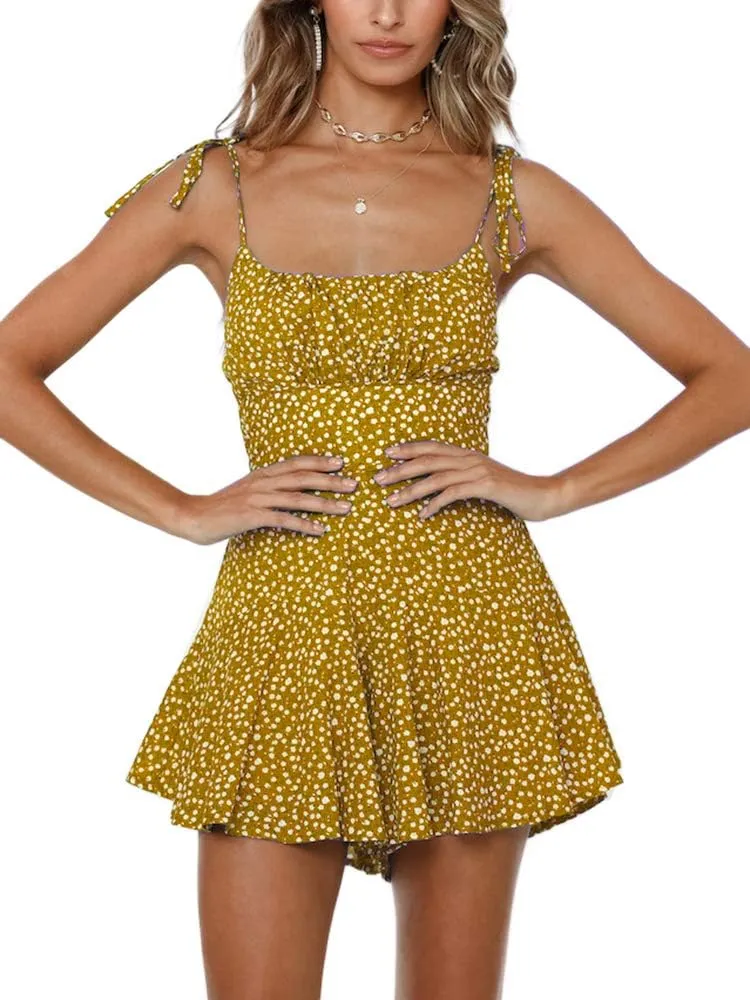 Jeanewpole1 Women's Boho Floral Wide Leg Short Romper Spaghetti Strap Smocked Jumpsuit