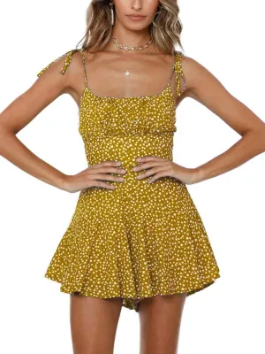 Jeanewpole1 Women's Boho Floral Wide Leg Short Romper Spaghetti Strap Smocked Jumpsuit