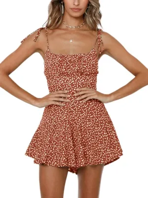 Jeanewpole1 Women's Boho Floral Wide Leg Short Romper Spaghetti Strap Smocked Jumpsuit