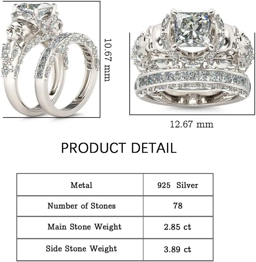 Jeulia Skull Engagement Ring Sets Sterling Silver Promise Eternity Band Rings Diamond Princess Cut with Cubic Zirconia Wedding Engagement Anniversary Promise Rings Bridal Sets