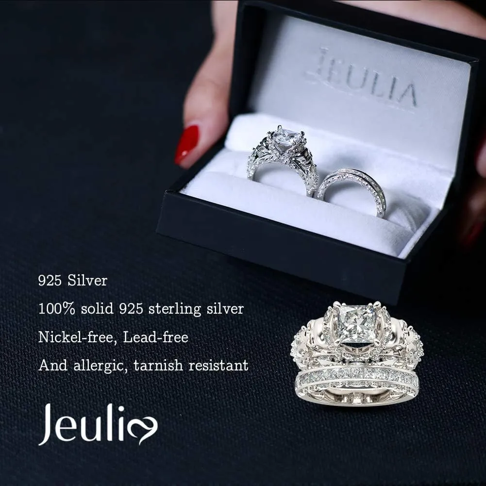 Jeulia Skull Engagement Ring Sets Sterling Silver Promise Eternity Band Rings Diamond Princess Cut with Cubic Zirconia Wedding Engagement Anniversary Promise Rings Bridal Sets