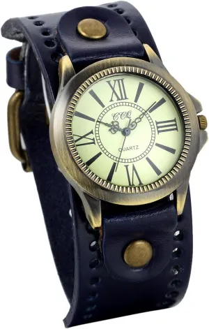 JewelryWe Vintage Leather Strap Wide Band Wristwatch Cuff Quartz Watch for Men Women - Blue