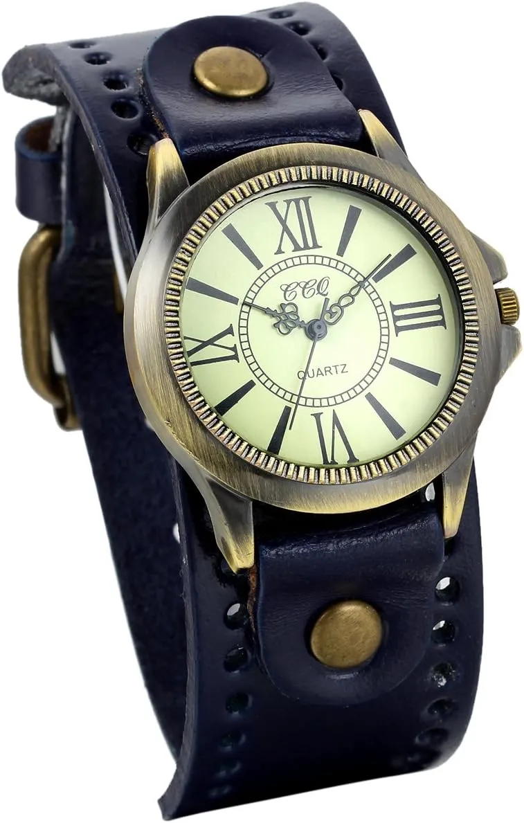 JewelryWe Vintage Leather Strap Wide Band Wristwatch Cuff Quartz Watch for Men Women - Blue