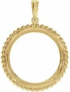 Jewels By Lux 14K Yellow Gold 17.9 Mm Tab Back Polished Tab Back Beaded Coin Frame Pendant