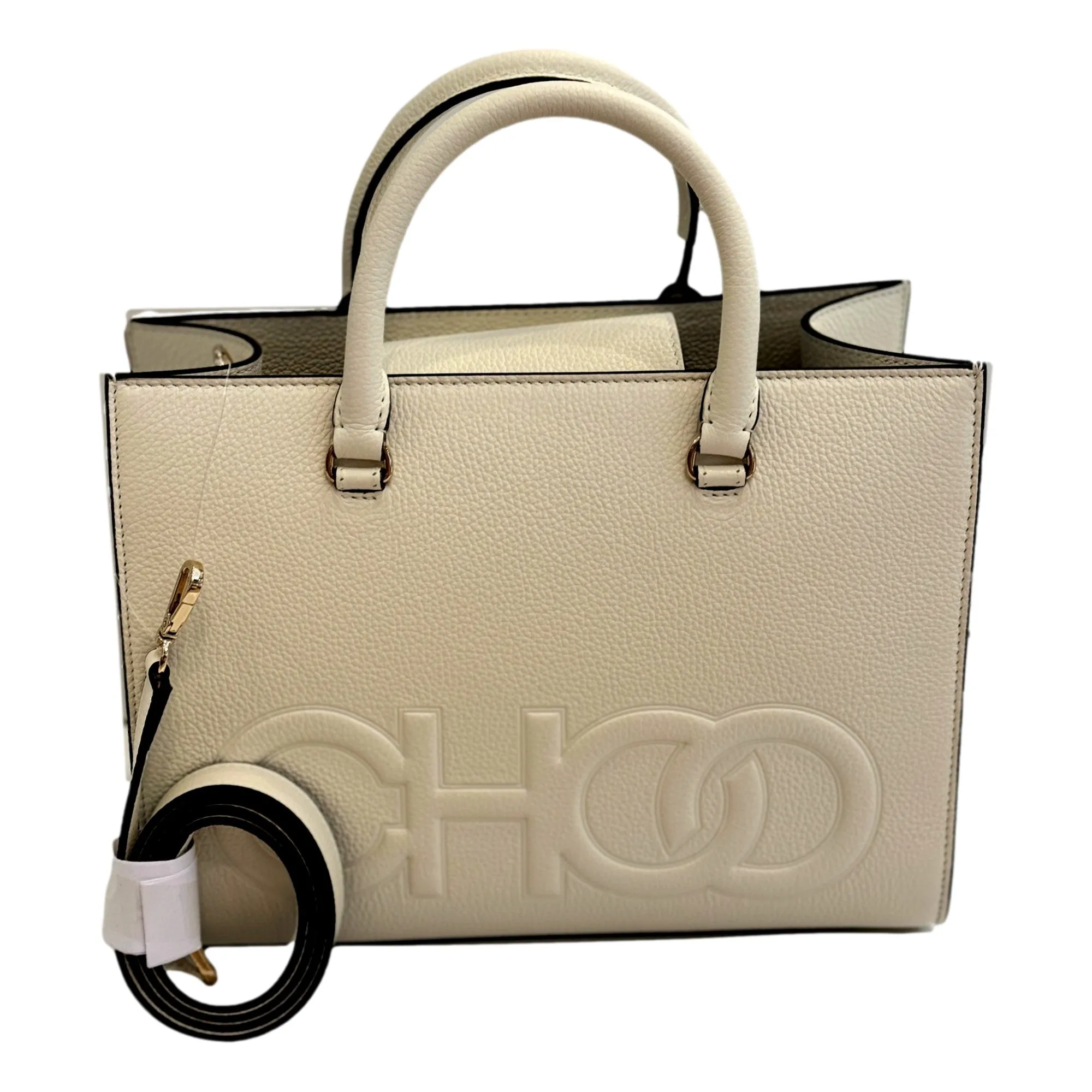 Jimmy Choo Book Medium Tote Crossbody Bag Embossed Ivory Leather