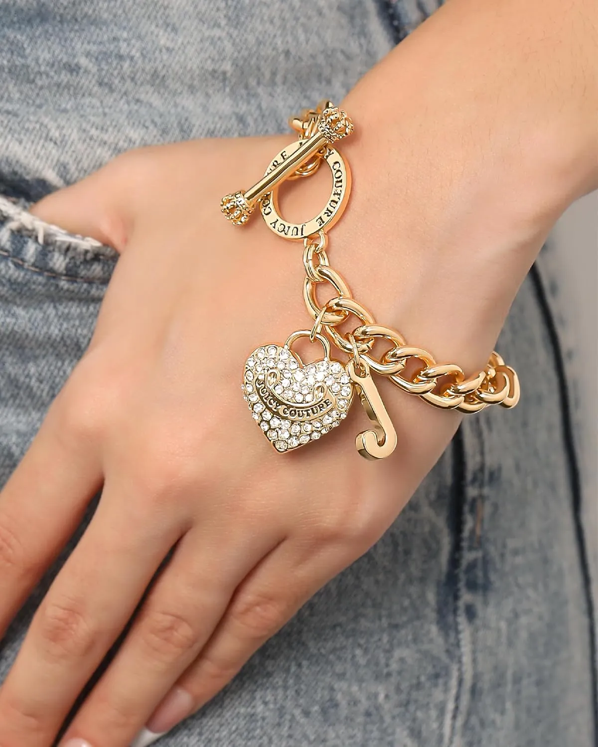 Juicy Couture Bracelet 7-7.5", Goldtone Heart Charm and Toggle Bracelets for Women, Juicy Jewelry