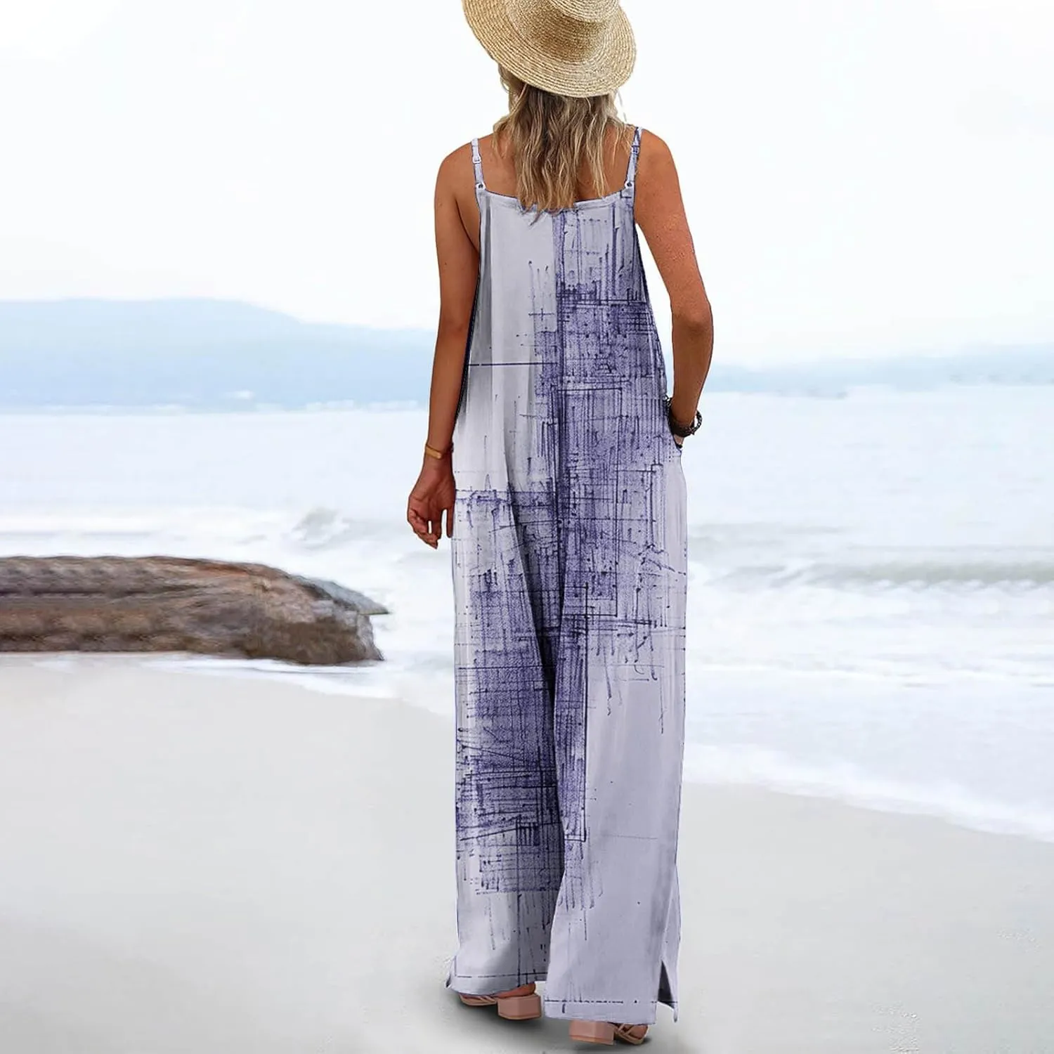 Jumpsuits for Women Vintage Sleeveless Loose Spaghetti Strap Wide Leg Rompers Casual Trendy Long Pants with Pockets