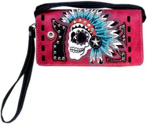 Justin West Spooky Skull Indian Headdress Embroidery Feather Conceal Carry Women Handbag Purse