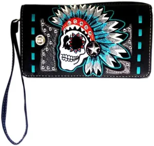 Justin West Spooky Skull Indian Headdress Embroidery Feather Conceal Carry Women Handbag Purse