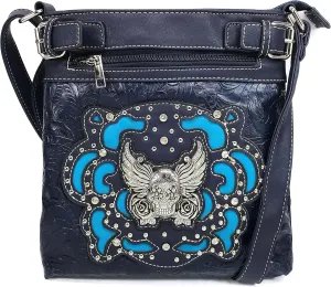 Justin West Winged Sugar Skull Roses Crossbody Messenger Purse Concealed Carry