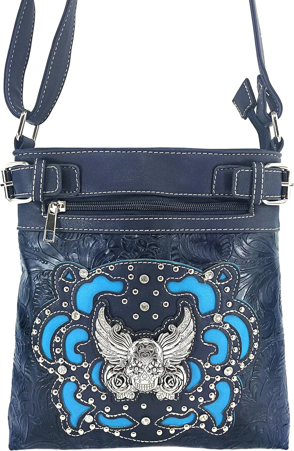 Justin West Winged Sugar Skull Roses Crossbody Messenger Purse Concealed Carry