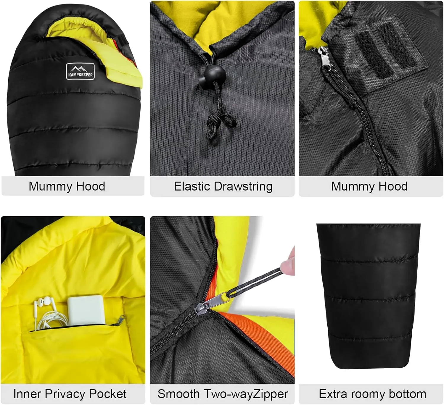 KAMPKEEPER Mummy Sleeping Bag for Adults,3-4 Seasons Cold Weather,Waterproof,Lightweight,Non-Snag Zipper with Adjustable Hood Perfect for Backpacking, Hiking,Camping
