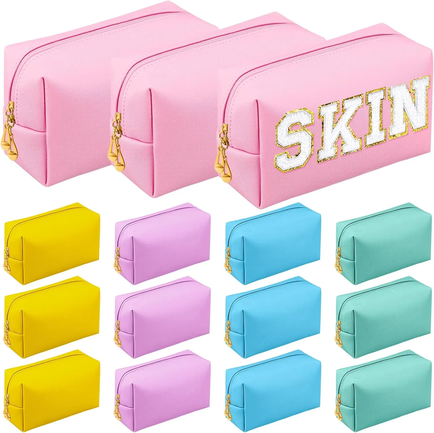 Kigeli 15 Pcs Aesthetic Makeup Bags PU Leather Cosmetic Pouches Waterproof Plain Toiletry Bags Makeup Pouches Bulk for Women Party Gift Travel Storage Organizer (Pink)