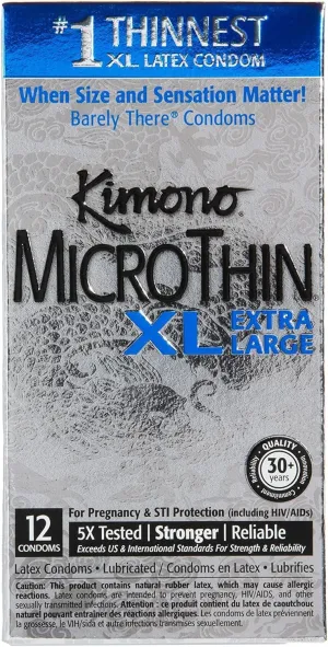 Kimono MicroThin XL, Ultra-Thin Lubricated Condoms, Natural Latex, Vegan-Friendly, No Latex Odor, Extra Thin, Widest-Base - Enhanced Sensitivity - Pack of 12