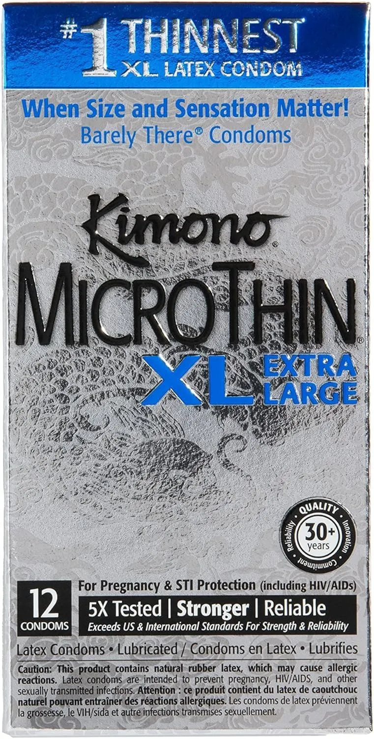 Kimono MicroThin XL, Ultra-Thin Lubricated Condoms, Natural Latex, Vegan-Friendly, No Latex Odor, Extra Thin, Widest-Base - Enhanced Sensitivity - Pack of 12