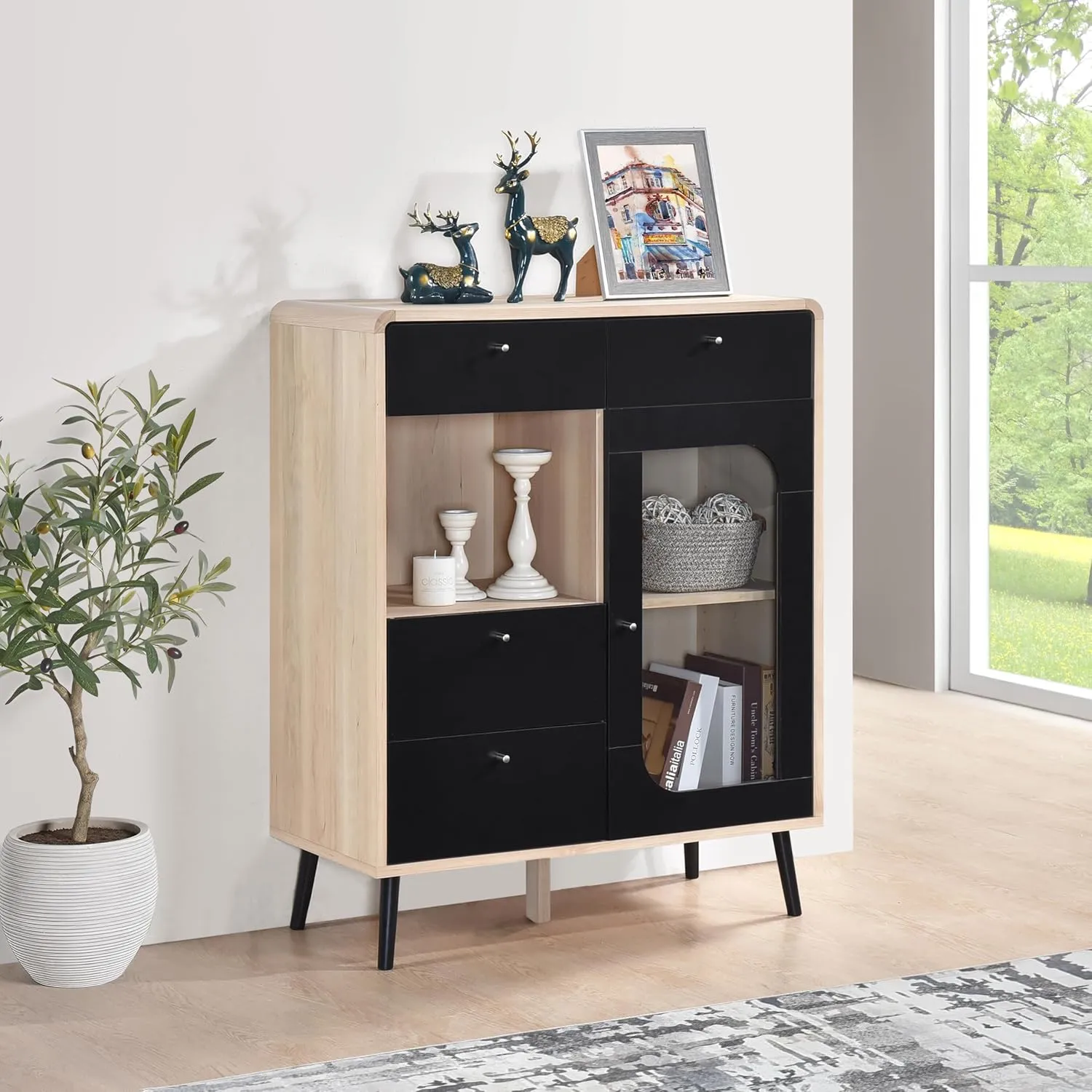 Kings Brand Furniture Nathan Tall Console Storage Cabinet with Open and Close Shelving for Dining Room, Hallway, Cupboard Console Table, Accent Cabinet, Buffet Table (Black Front Panel)