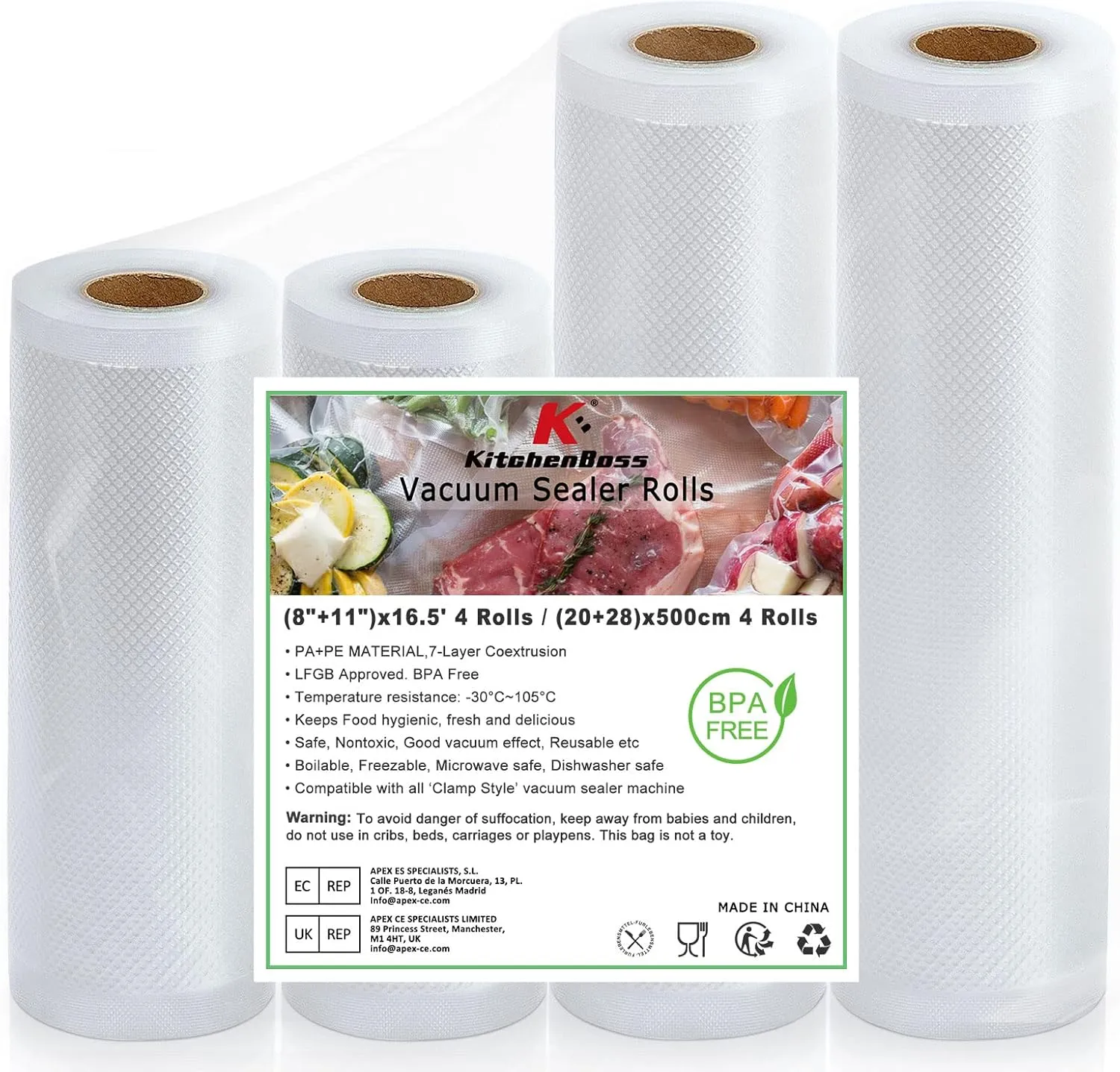 KitchenBoss Vacuum Sealer Bags Rolls, 2 Packs 8"x16.5' and 2 Packs 11"x16.5' Food Sealer Saver Bags, Freezer Bags for Vacuum Sealer