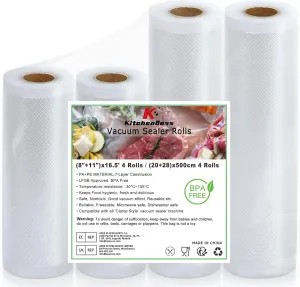 KitchenBoss Vacuum Sealer Bags Rolls, 2 Packs 8"x16.5' and 2 Packs 11"x16.5' Food Sealer Saver Bags, Freezer Bags for Vacuum Sealer