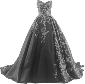 Kivary Gothic Black Satin Lace V Neck A Line Long Prom Corset Wedding Dresses
