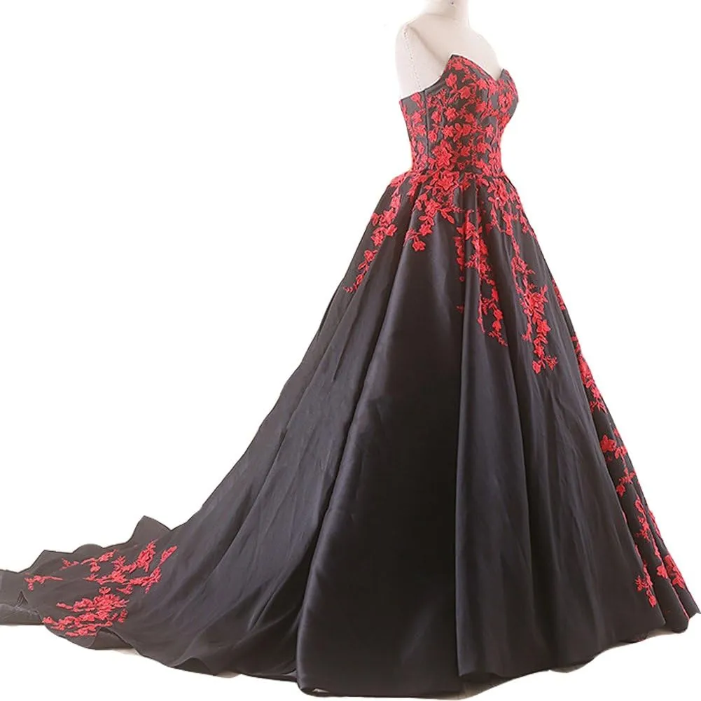 Kivary Gothic Black Satin Lace V Neck A Line Long Prom Corset Wedding Dresses