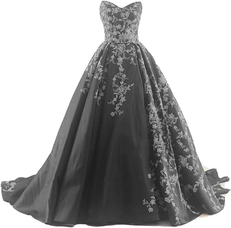 Kivary Gothic Black Satin Lace V Neck A Line Long Prom Corset Wedding Dresses